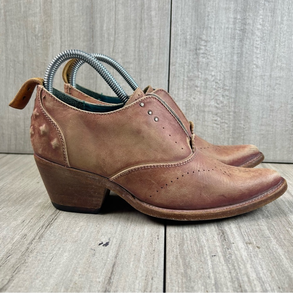PS Kaufman Rustic Tan Leather Heeled Western Oxford Ankle Booties Women’s Size 6 - Picture 3 of 10